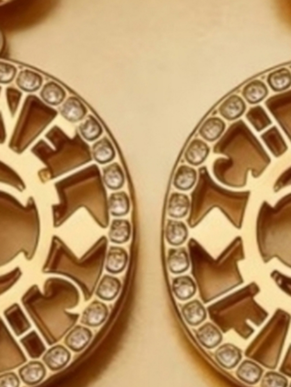 Gold Tone Rhinestone Trimmed Medallion Drop Earrings